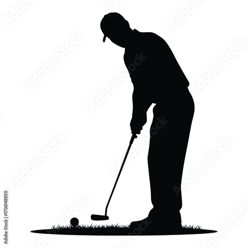 Silhouette of a golfer putting on the green with a golf ball and club silhouette