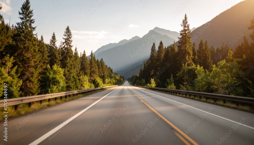 Fototapeta premium Point-of-view driving a car on a highway through a forest with mountains in the distance