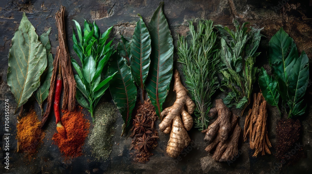Fototapeta premium Vibrant arrangement of fresh Asian herbs and spices on rustic stone, soft light highlighting textures and cultural authenticity
