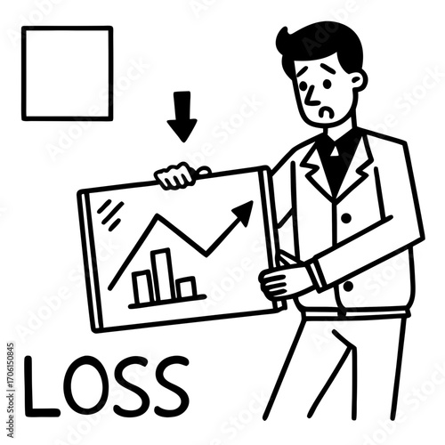 Concerned businessman facing financial loss, holding chart showing declining profits and stock market downturn, conceptual business failure, investment risk, economic crisis icon