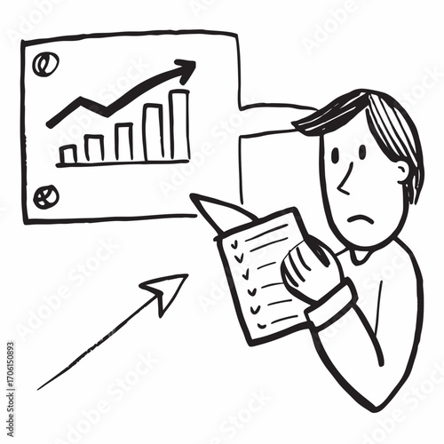 Stressed businessman reviews upward trending data, feeling anxious about business goals, aiming for success, worried and focused on growth plan, checking off checklist to achieve targets