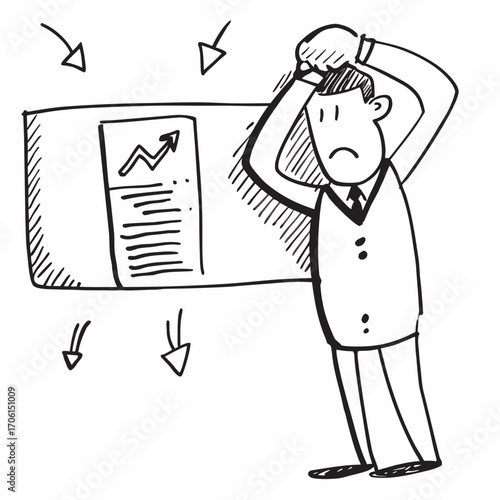 Distressed businessman watching declining sales chart, feeling the pressure of business downturn, symbolizing financial loss and economic recession, originally a scalable vector graphic