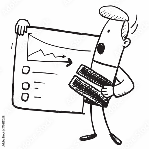 Comical character presenting business growth chart with checklist, perfect for adding lighthearted visual appeal to financial reports, presentations, and marketing materials, capturing attention