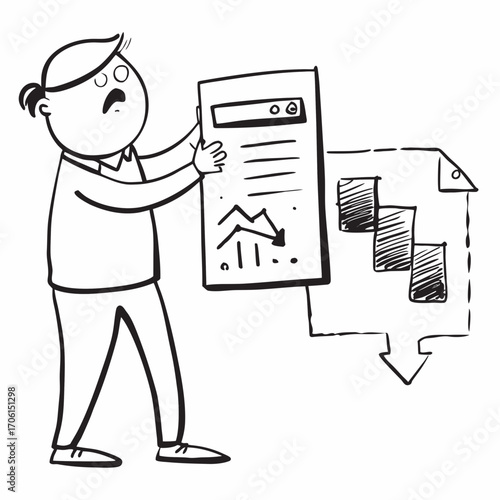 Worried businessman holding falling graph report with a downturn chart, business failure concept with downward trend, financial crisis, economic recession, loss illustration