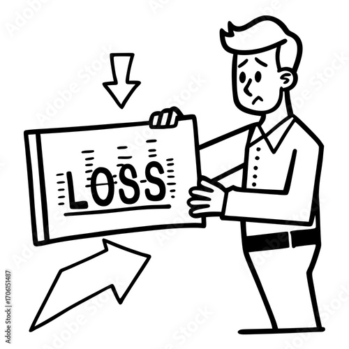 Concerned businessman displays loss report with downward arrows, illustrating financial decline and market downturn anxiety, perfect for business articles and economic commentary