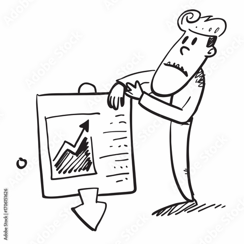 Comical Cartoon of Concerned Business Professional Presenting a Downward Trend Chart on a Presentation Board, Perfect for Illustrating Economic Downturn or Market Challenges