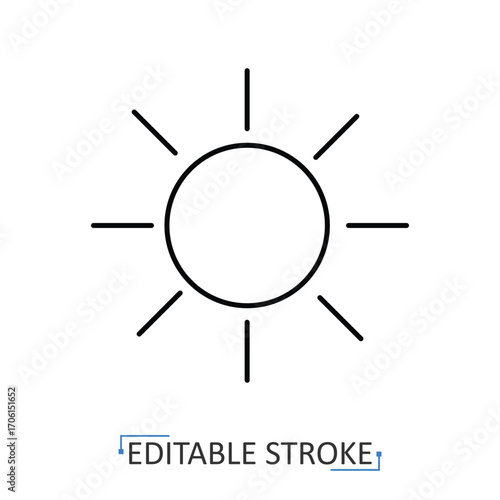 A sun icon in minimalist style with editable stroke. Nature symbol, weather element, climate object, energy source, astronomy sign, bright contour, solar graphic, celestial body