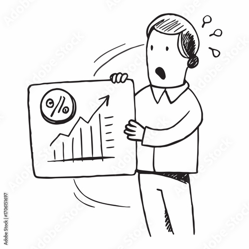Stressed businessman presents rising profits with growing concern, a humorous take on financial pressure in a modern and dynamic business, vector drawing, business report analysis