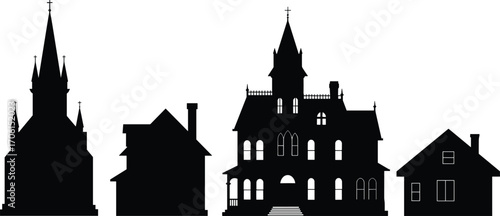 Silhouettes of houses and church, gothic mansion and residential buildings, black and white architecture, home and religious building vector, silhouette set