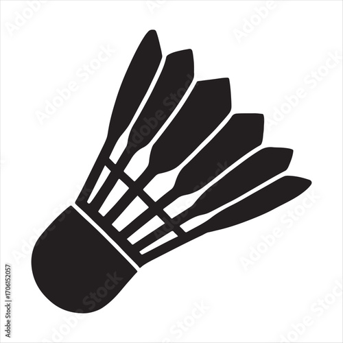Black silhouette of a badminton shuttlecock with fanned out feathers on a white background