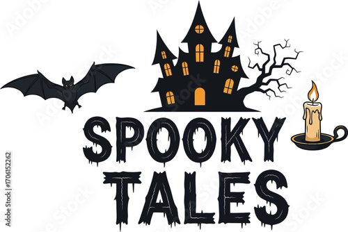 Spooky tales with haunted house bat candle and creepy tree for halloween night