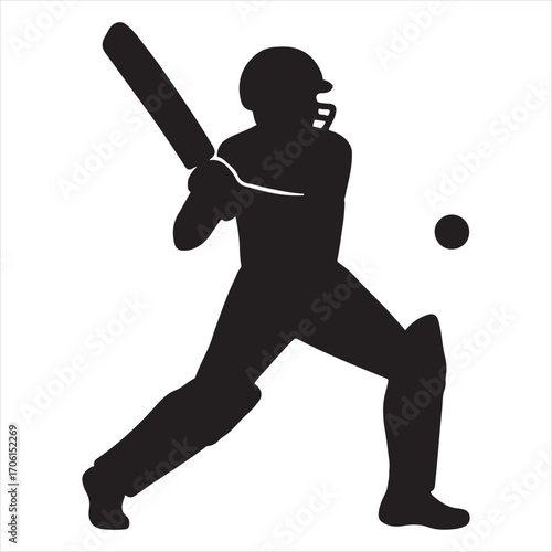 Silhouette of a cricket player in action hitting the ball with a bat during a match