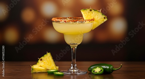 Spicy Margarita cocktail with pineapple and jalapeno, representing vibrant Mexican flavors, tropical refreshment, and festive summer drink