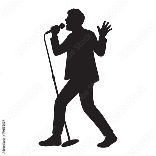 Silhouette of a male singer performing energetically on stage with a microphone and raised hands