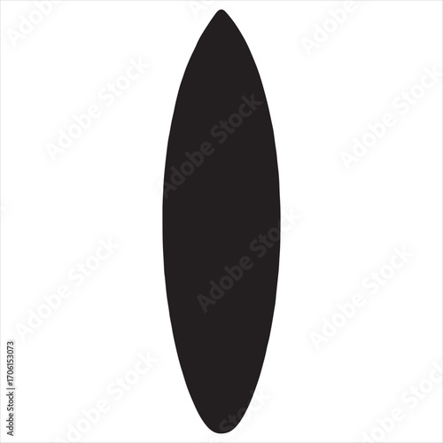 A simple black surfboard silhouette isolated on a clean white background for design projects
