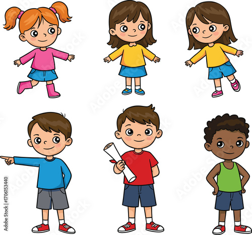 PrintCartoon boys and girls in casual clothes, standing and playing, perfect vector for educational, school, kids, and childhood themes