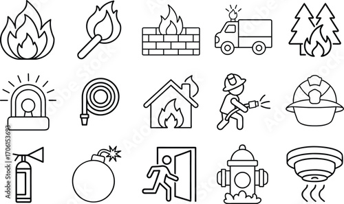 fire department vector outline icon set