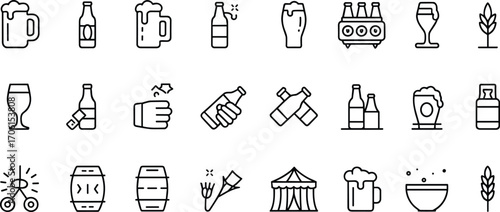 Black and white beer and brewery icons set including mugs, bottles, glasses, barrels, hops, clinking bottles, party horn, and festival tent, brewery and celebration theme.