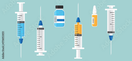 Syringe and vial icon, needle inject and medical bottle. Medicine drug, vaccine dose, antibiotic shot. Liquid ampoule, medic treatment, health care set on blue background. Cartoon vector illustration