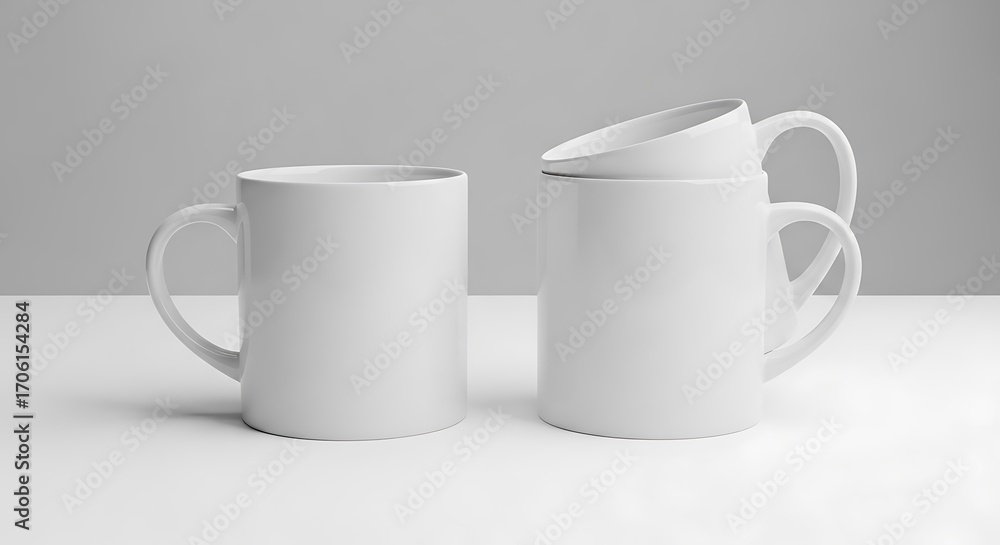 Fototapeta premium Two white ceramic mugs and a stack of two white mugs