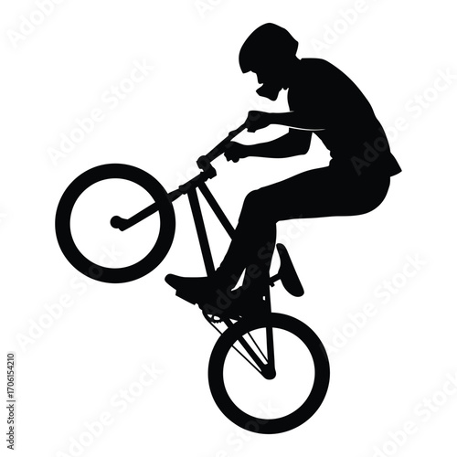 Bmx rider silhouette performing a wheelie skill on a bicycle silhouette