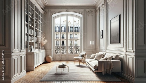 Elegant parisian apartment living room with ornate moldings, large arched window, and a bookshelf