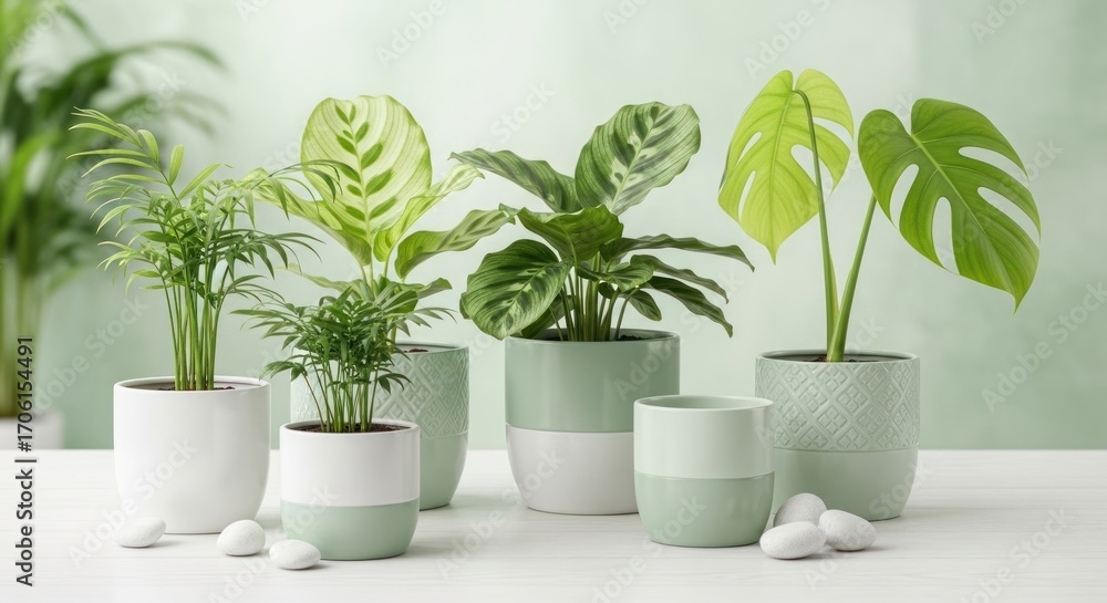 Obraz premium Collection of various potted houseplants on a white table, showcasing indoor gardening and home decor with green plants