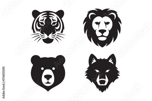 Four majestic animal head silhouettes in black and white