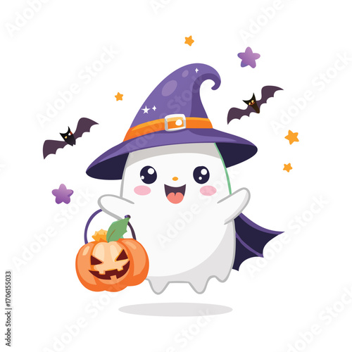 Cute cartoon ghost in witch hat holding a pumpkin trick or treat bucket