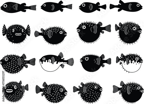 Puffer fish silhouettes collection, tropical sea animals, ocean wildlife, marine life icons, underwater creatures, aquatic fish shapes, sea animal illustrations