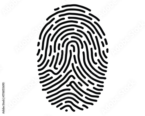 A simple black and white line art illustration of a human fingerprint, depicting the unique swirls and ridges used for biometric identification