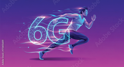 A dynamic illustration of a person running, symbolizing the speed and advancement of 6G technology. EPS Vector