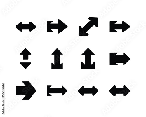 A versatile collection of bold black arrow icons pointing in multiple directions, isolated on a white background for user interface and graphic design