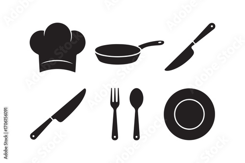 Culinary icons chef hat pan knife fork spoon plate