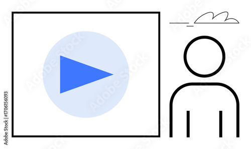 Stick figure observing video screen with play symbol, minimalistic design. Ideal for media, learning, content creation, online streaming, tutorials, presentations, communication simple flat metaphor