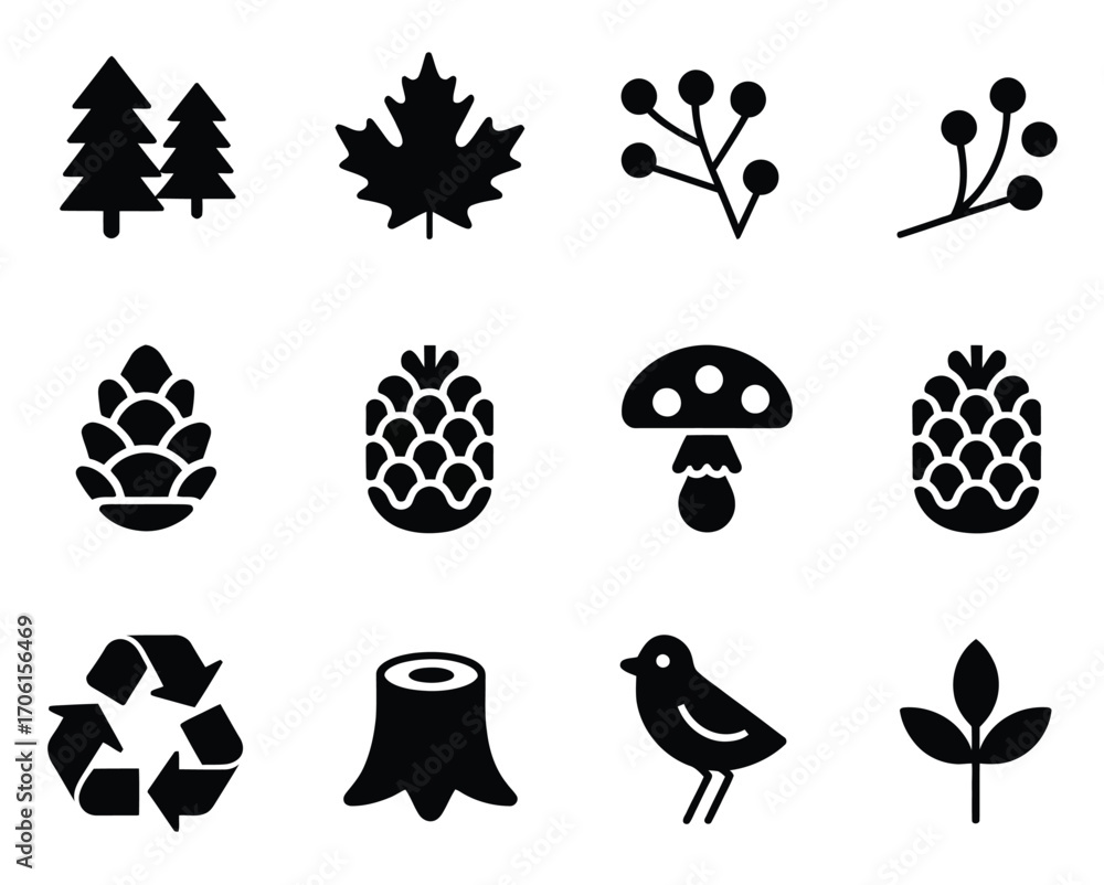 Fototapeta premium Set of twelve minimalist forest icons. A collection of black glyphs depicting trees, a maple leaf, pinecones, a mushroom, and a bird in a grid layout