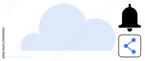 Cloud with sharing icon and alert bell symbolizing cloud storage, digital updates, notifications, and sharing. Ideal for communication, cloud services, data storage, updates, networking technology