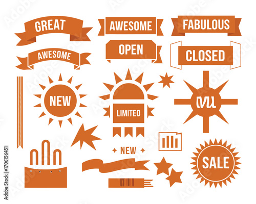 Collection of orange graphic design elements featuring promotional banners, sales tags, and starburst labels isolated on a white background
