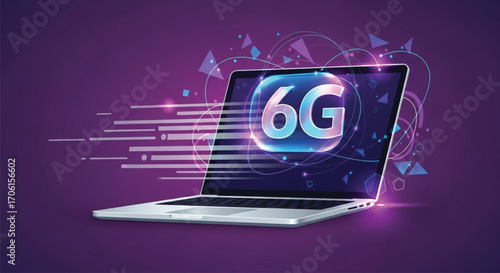A stylish, modern illustration of a laptop computer, angled to show the screen. Futuristic Laptop Displaying 6G Technology. EPS Vector