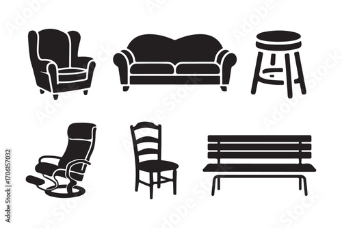 Collection of black furniture silhouettes on white background
