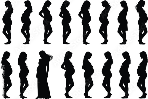 Pregnant women silhouette progression, pregnancy stages, maternity growth, prenatal development, expecting mother, baby bump evolution, motherhood journey