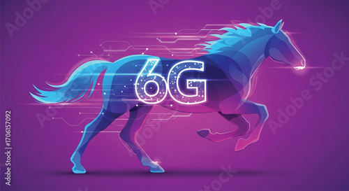 Dynamic graphic showcasing 6G technology, depicted by a stylized horse silhouette in motion against a vibrant purple background. EPS Vector