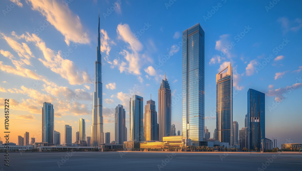 Fototapeta premium Sunlit skyscrapers rise above dense downtown, blue hour sky and glass shine, perfect city background.