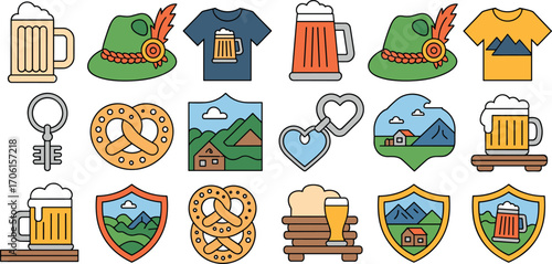Colorful Oktoberfest themed icons including beer mugs, alpine hats, pretzels, mountain landscapes, heart keychains, t-shirts, and shield emblems, festive Bavarian symbols.