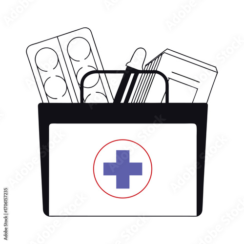 Illustration of a medical first aid kit bag filled with various items like pills and a dropper, featuring a red circle with a blue cross