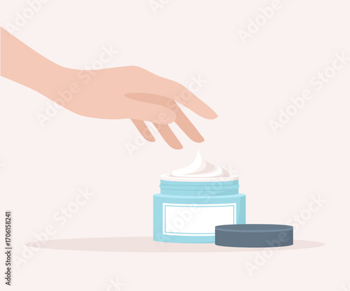 Female hand reaching for an open jar of cream, flat vector illustration
