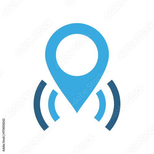 A blue location pin symbolizing GPS navigation, with sound waves indicating signal strength
