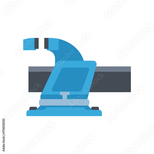 A blue robotic arm positioned on a gray surface, ready for industrial tasks in a workshop