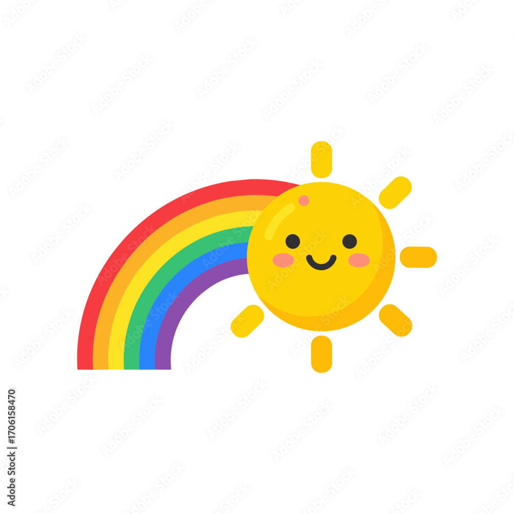 Obraz premium A cheerful sun character with a smiling face shines beside a vibrant rainbow, symbolizing joy