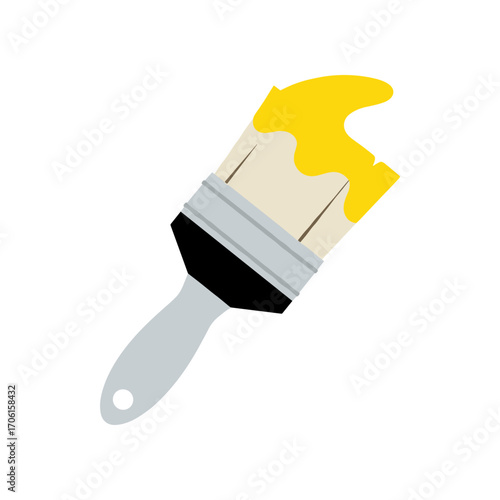A bright yellow paintbrush with dripping paint against a clean white background, ideal for creative projects